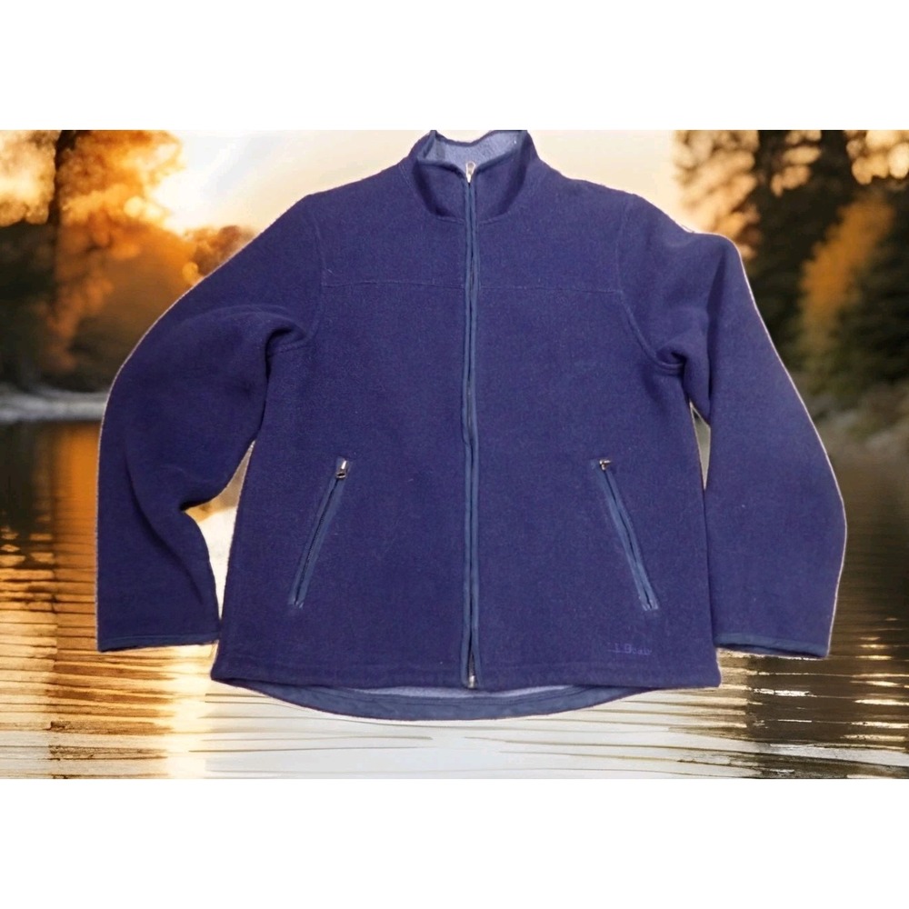 LL Bean Fleece Jacket Mens Medium Blue Excellent Full Zip Mock Neck Outdoor